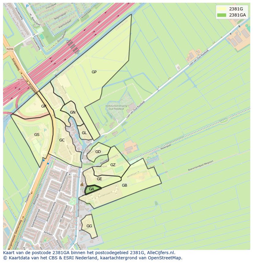 Afbeelding van het postcodegebied 2381 GA op de kaart.