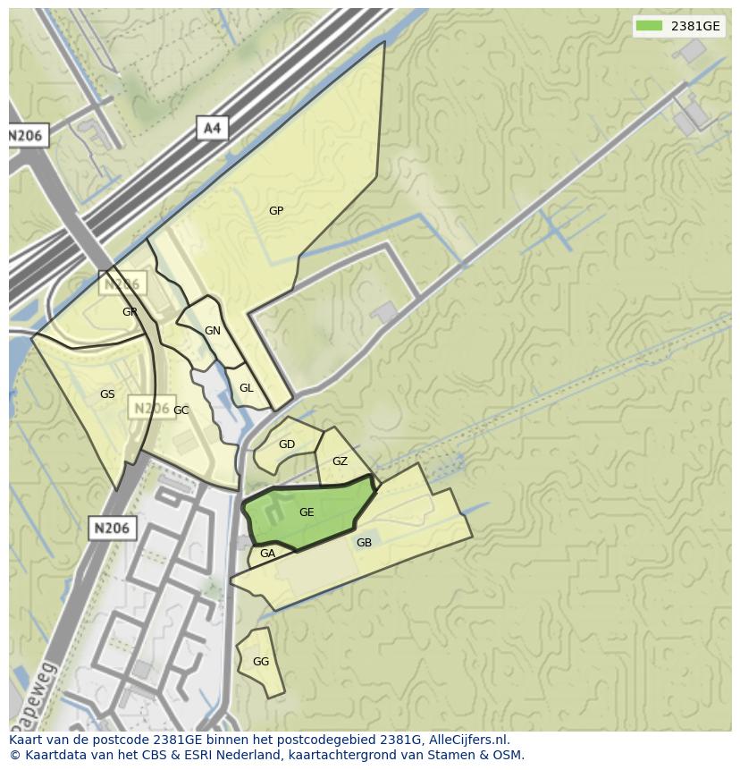 Afbeelding van het postcodegebied 2381 GE op de kaart.