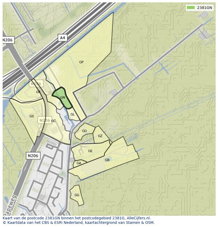 Afbeelding van het postcodegebied 2381 GN op de kaart.