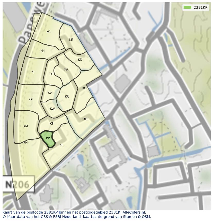 Afbeelding van het postcodegebied 2381 KP op de kaart.