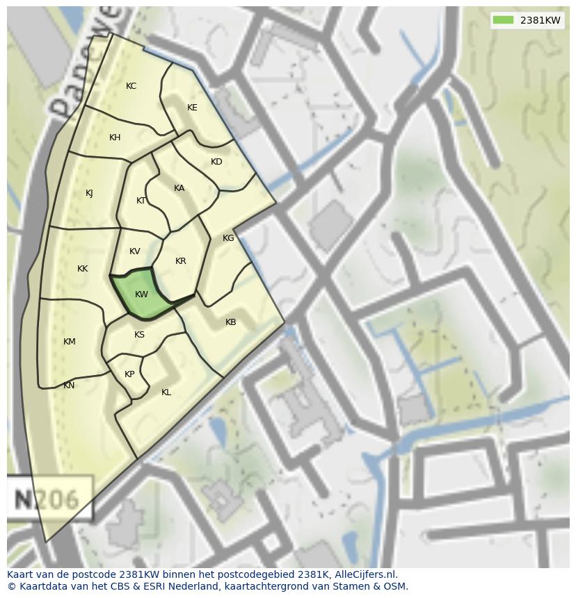 Afbeelding van het postcodegebied 2381 KW op de kaart.