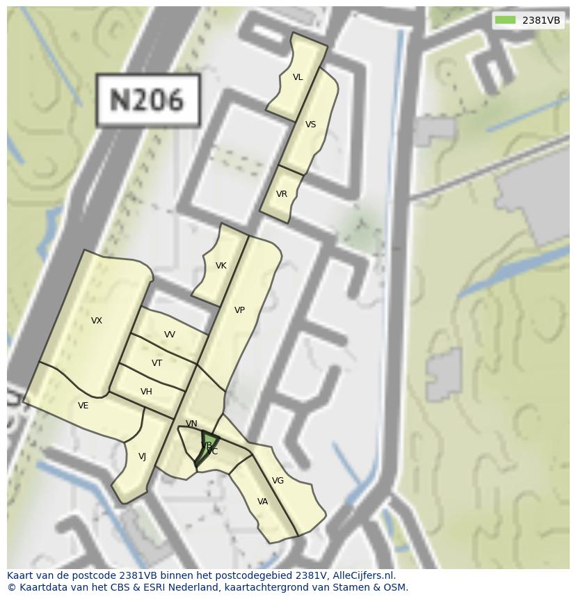 Afbeelding van het postcodegebied 2381 VB op de kaart.