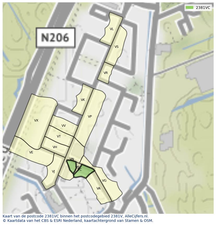 Afbeelding van het postcodegebied 2381 VC op de kaart.