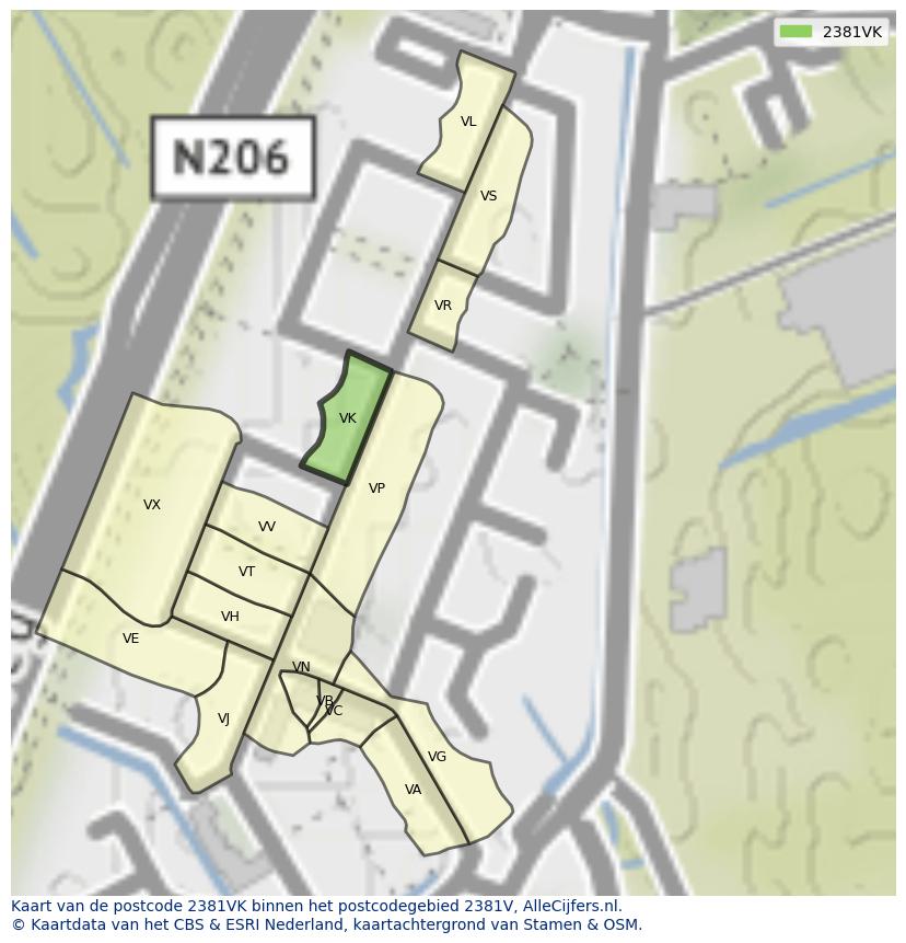 Afbeelding van het postcodegebied 2381 VK op de kaart.