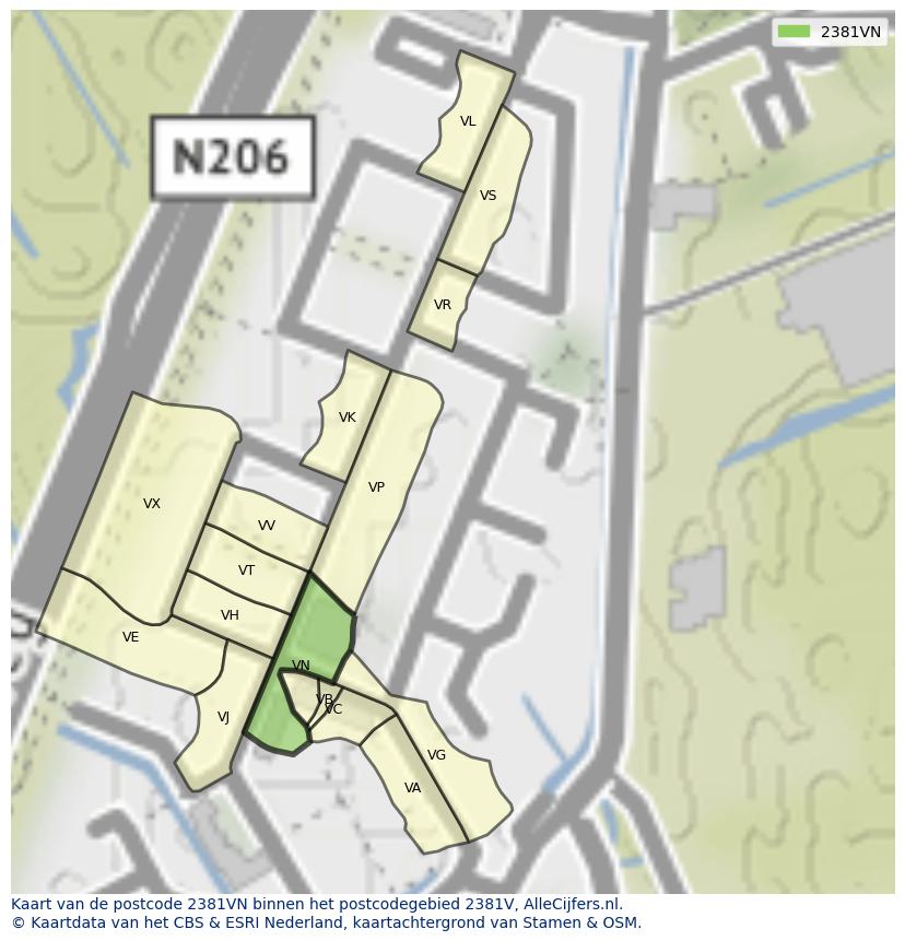 Afbeelding van het postcodegebied 2381 VN op de kaart.