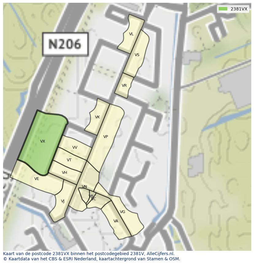 Afbeelding van het postcodegebied 2381 VX op de kaart.