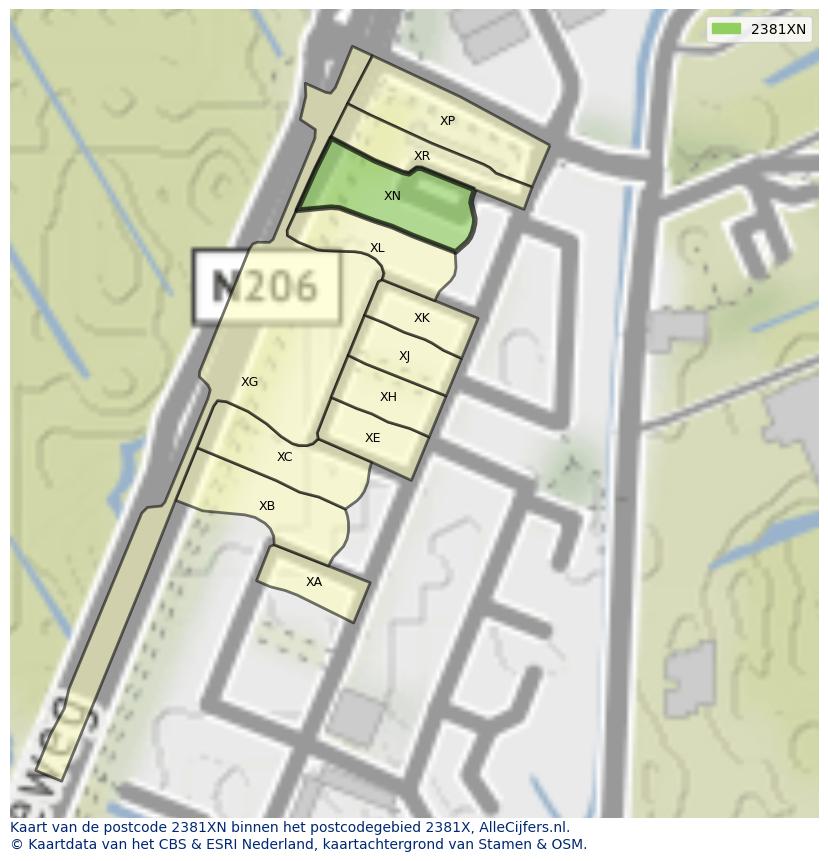 Afbeelding van het postcodegebied 2381 XN op de kaart.