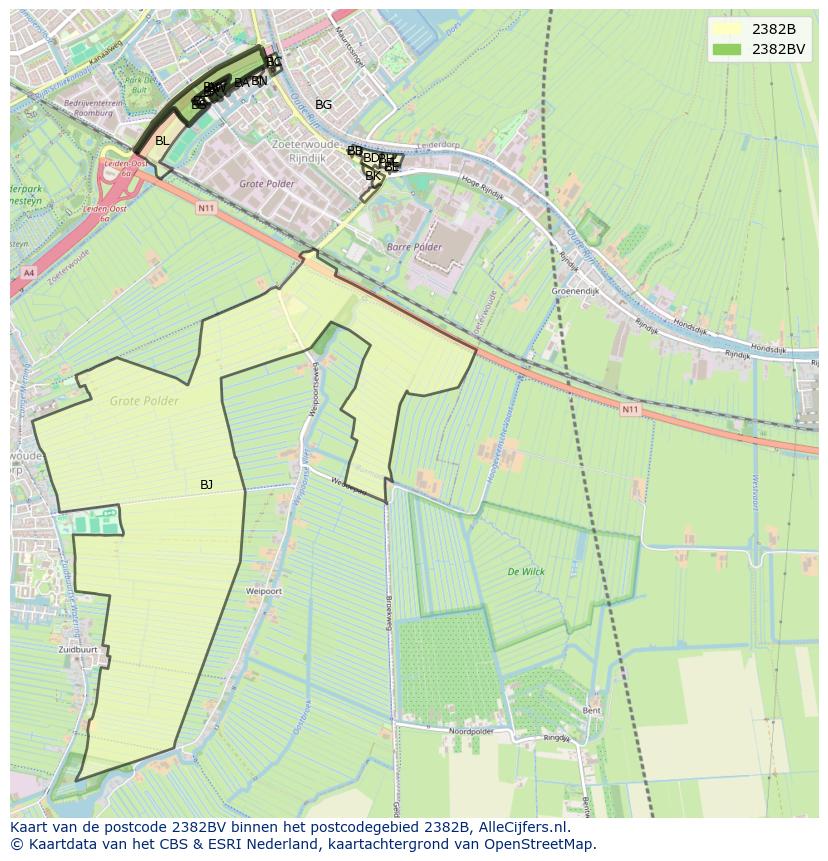 Afbeelding van het postcodegebied 2382 BV op de kaart.