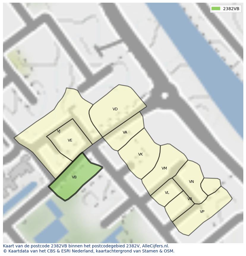 Afbeelding van het postcodegebied 2382 VB op de kaart.