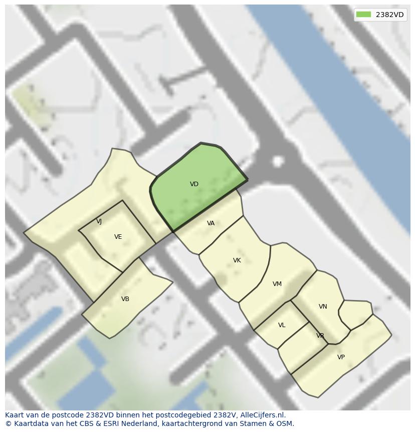 Afbeelding van het postcodegebied 2382 VD op de kaart.