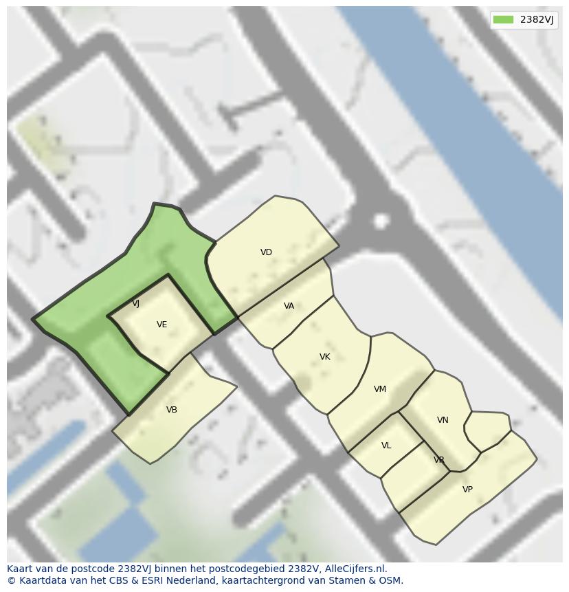 Afbeelding van het postcodegebied 2382 VJ op de kaart.
