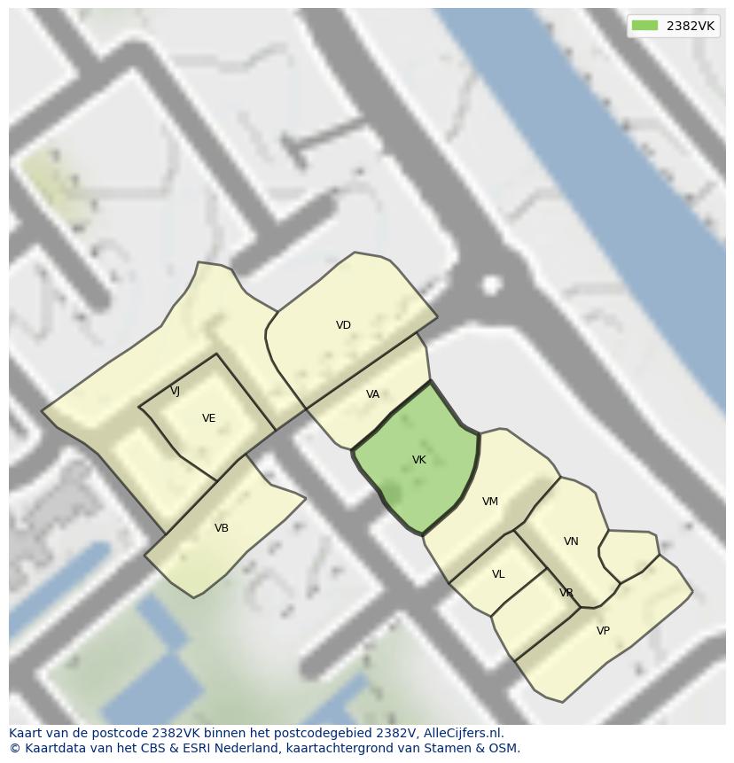 Afbeelding van het postcodegebied 2382 VK op de kaart.
