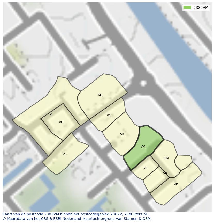 Afbeelding van het postcodegebied 2382 VM op de kaart.