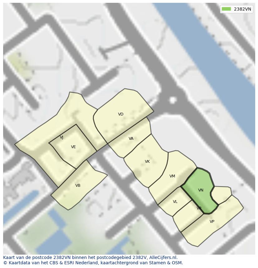 Afbeelding van het postcodegebied 2382 VN op de kaart.