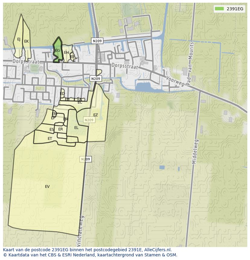 Afbeelding van het postcodegebied 2391 EG op de kaart.
