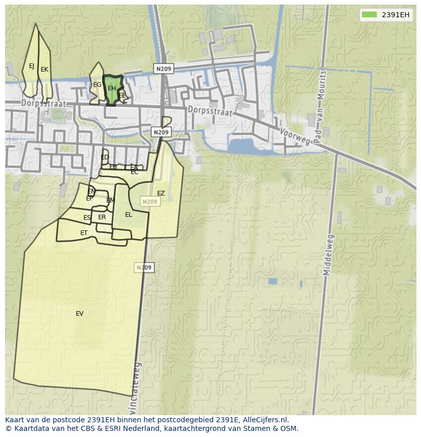 Afbeelding van het postcodegebied 2391 EH op de kaart.
