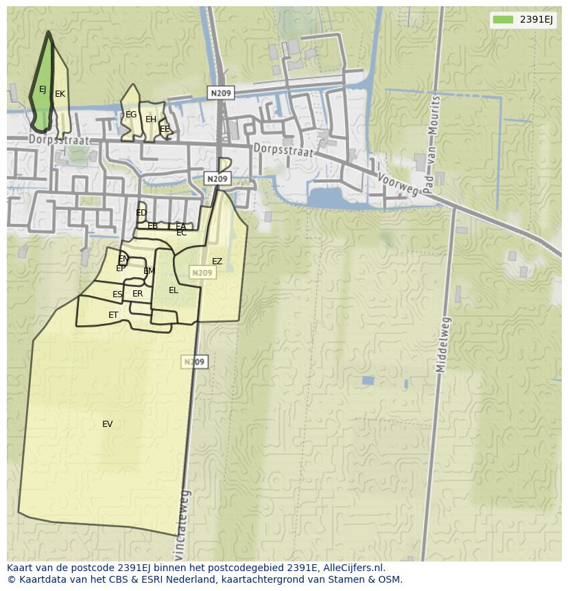 Afbeelding van het postcodegebied 2391 EJ op de kaart.