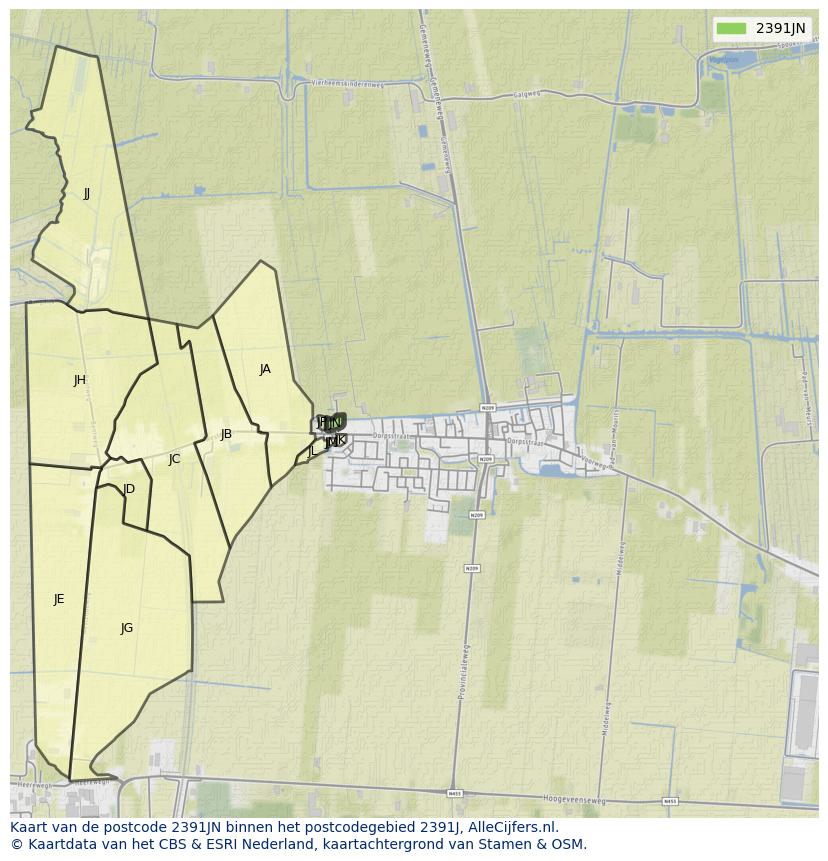Afbeelding van het postcodegebied 2391 JN op de kaart.