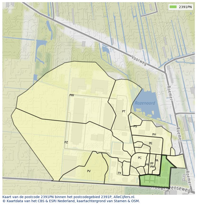 Afbeelding van het postcodegebied 2391 PN op de kaart.