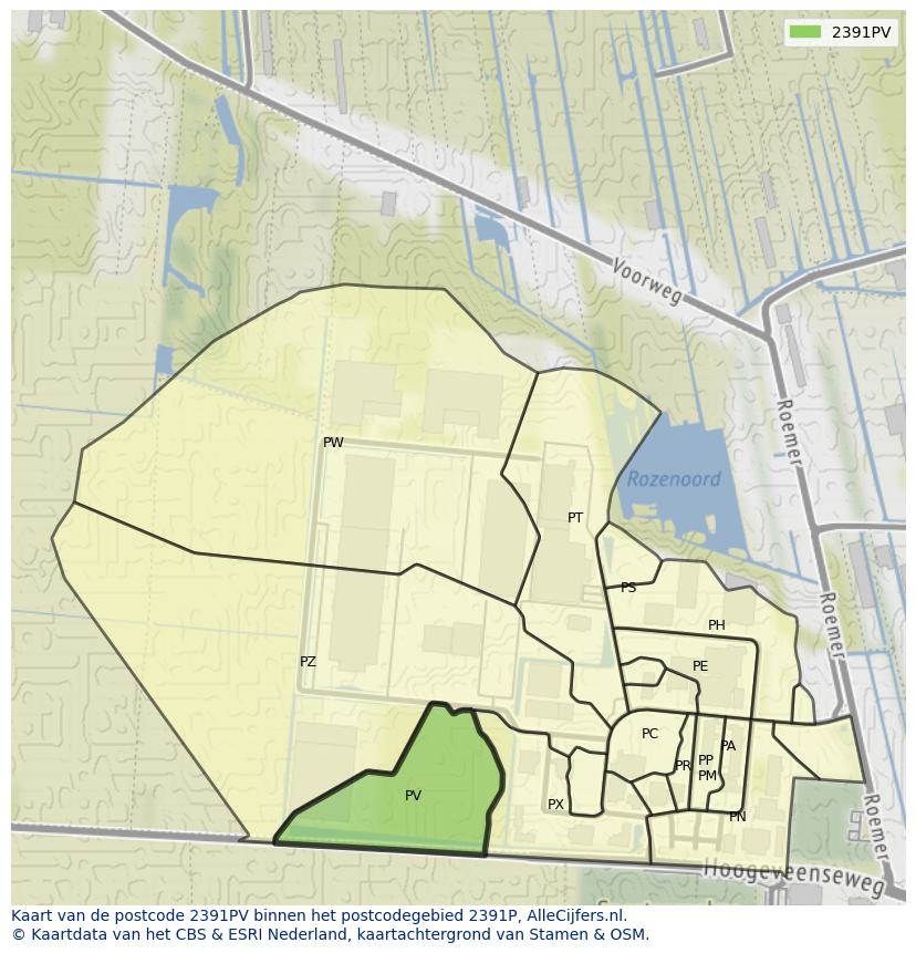 Afbeelding van het postcodegebied 2391 PV op de kaart.