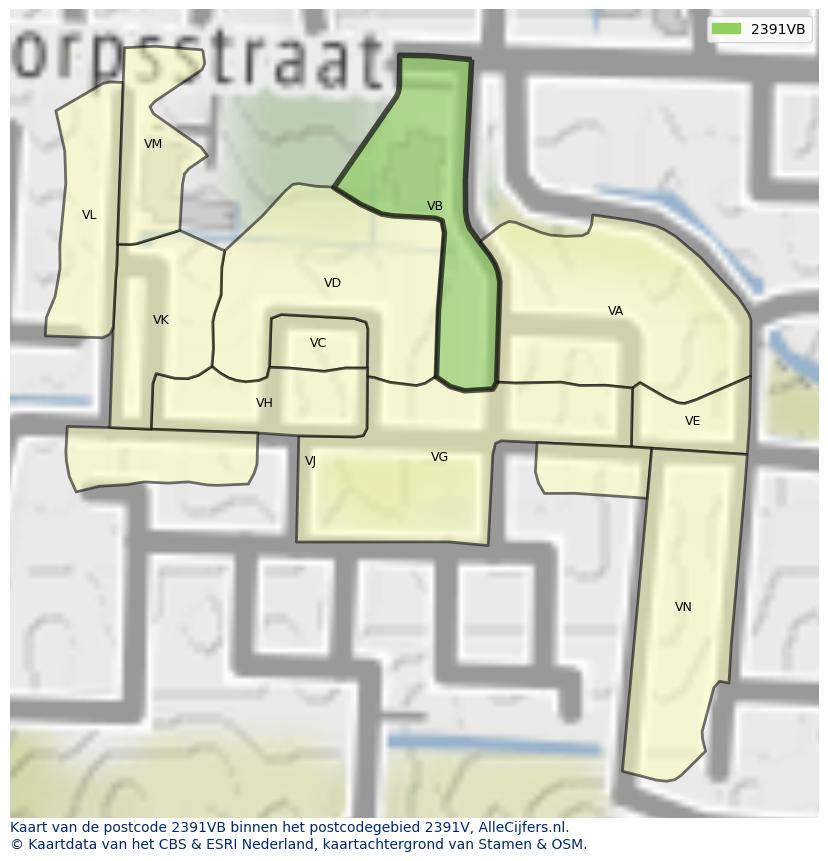 Afbeelding van het postcodegebied 2391 VB op de kaart.