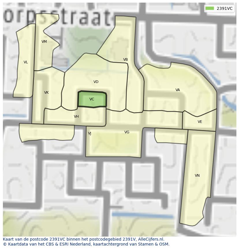 Afbeelding van het postcodegebied 2391 VC op de kaart.