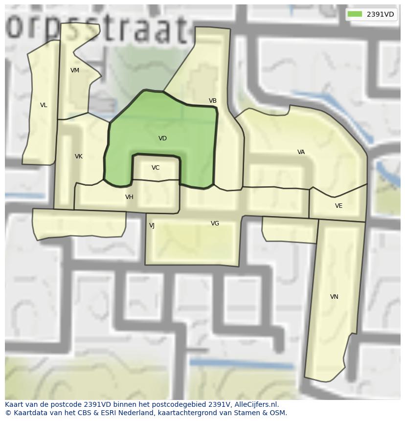 Afbeelding van het postcodegebied 2391 VD op de kaart.