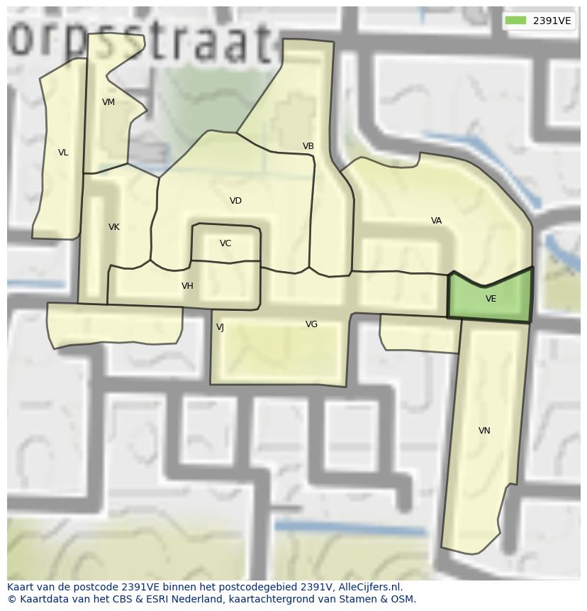 Afbeelding van het postcodegebied 2391 VE op de kaart.