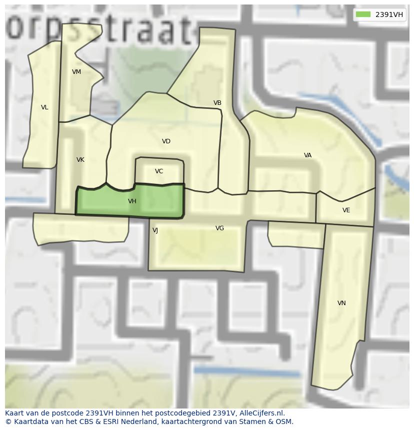 Afbeelding van het postcodegebied 2391 VH op de kaart.