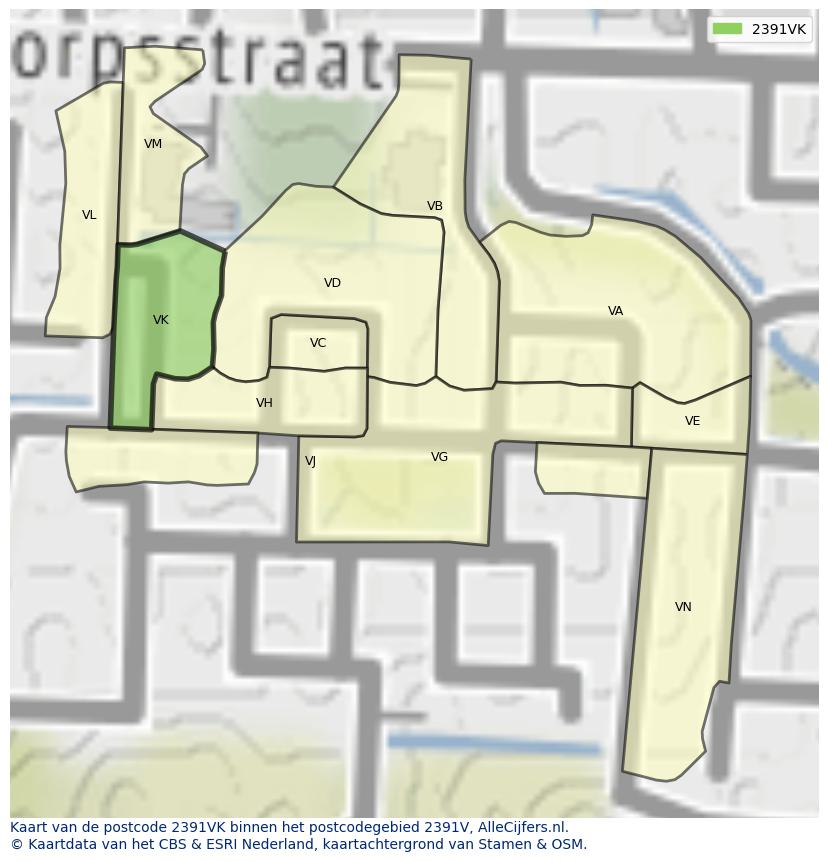 Afbeelding van het postcodegebied 2391 VK op de kaart.
