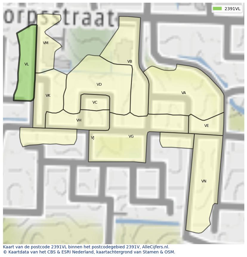 Afbeelding van het postcodegebied 2391 VL op de kaart.