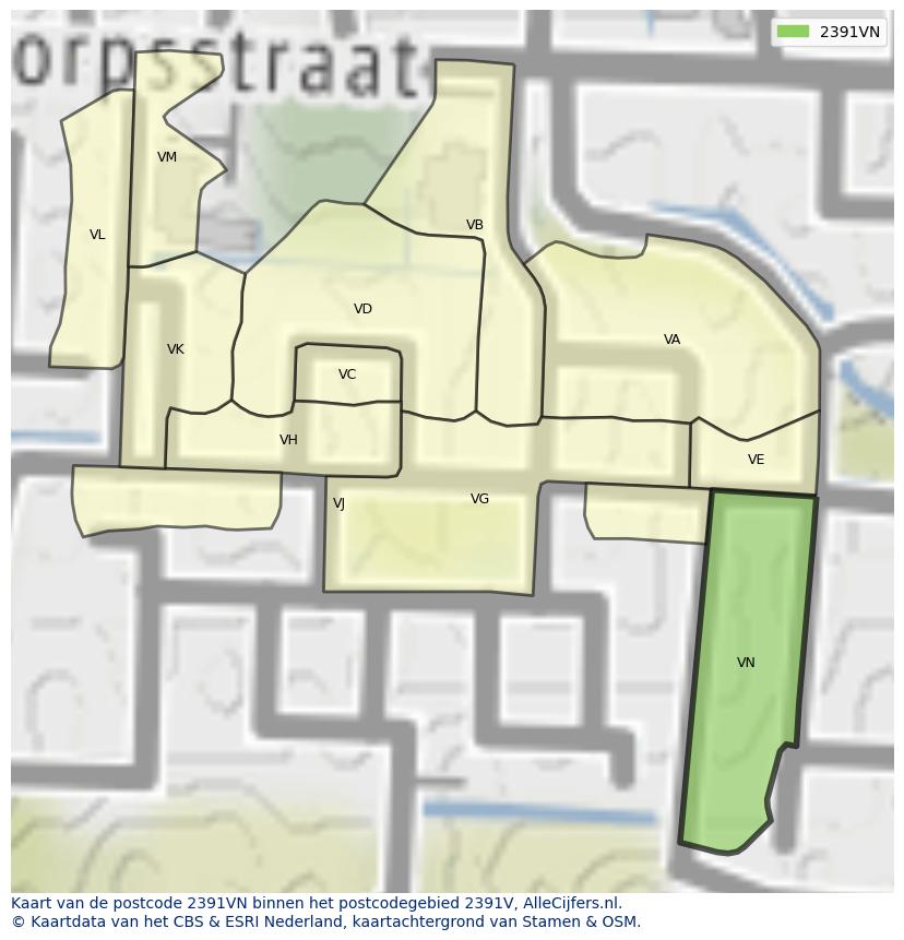 Afbeelding van het postcodegebied 2391 VN op de kaart.