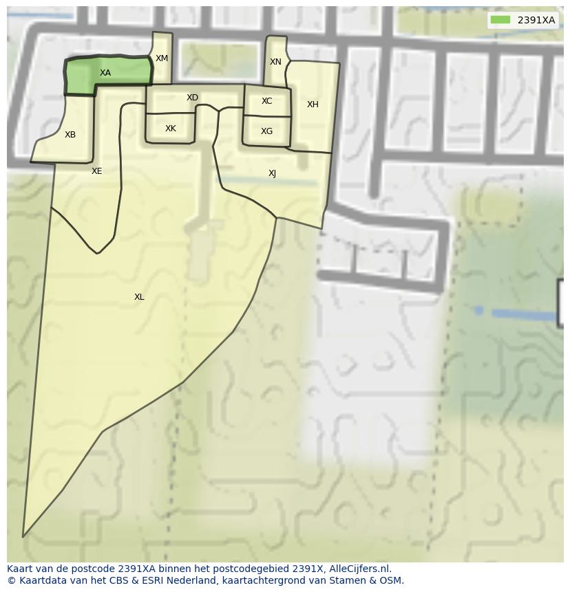 Afbeelding van het postcodegebied 2391 XA op de kaart.