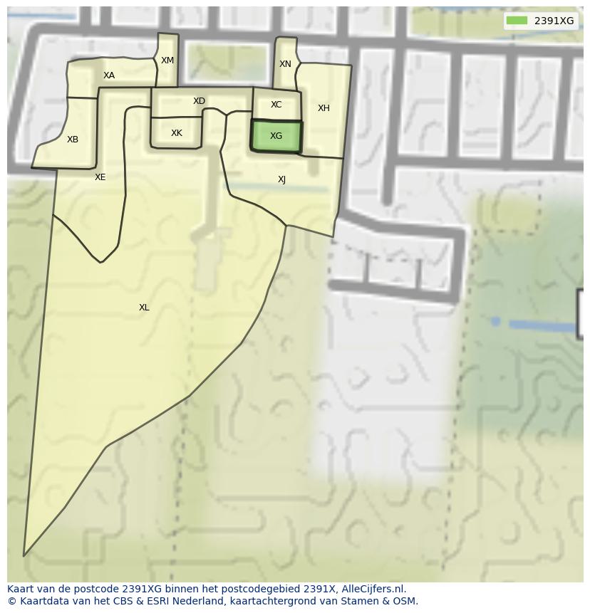 Afbeelding van het postcodegebied 2391 XG op de kaart.