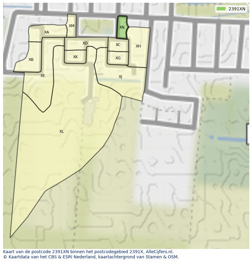 Afbeelding van het postcodegebied 2391 XN op de kaart.