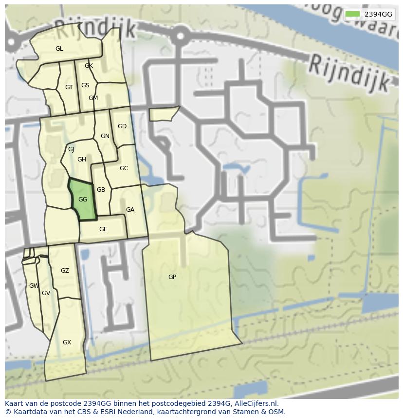 Afbeelding van het postcodegebied 2394 GG op de kaart.