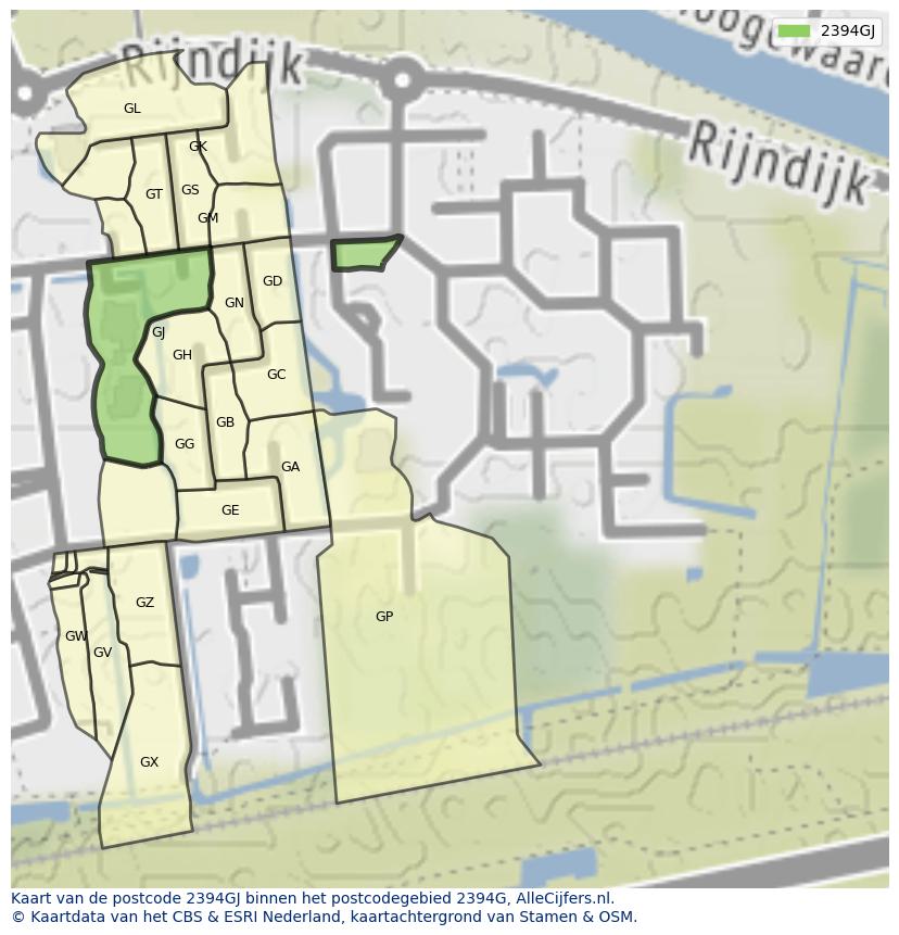 Afbeelding van het postcodegebied 2394 GJ op de kaart.