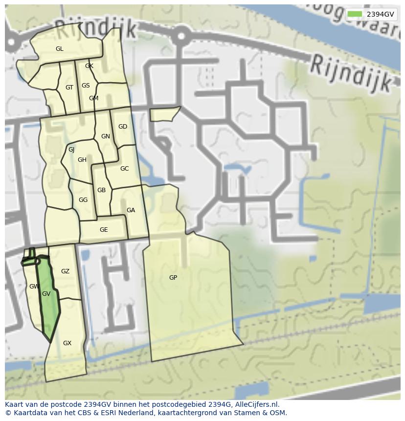 Afbeelding van het postcodegebied 2394 GV op de kaart.