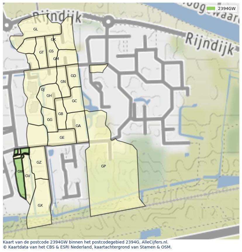Afbeelding van het postcodegebied 2394 GW op de kaart.