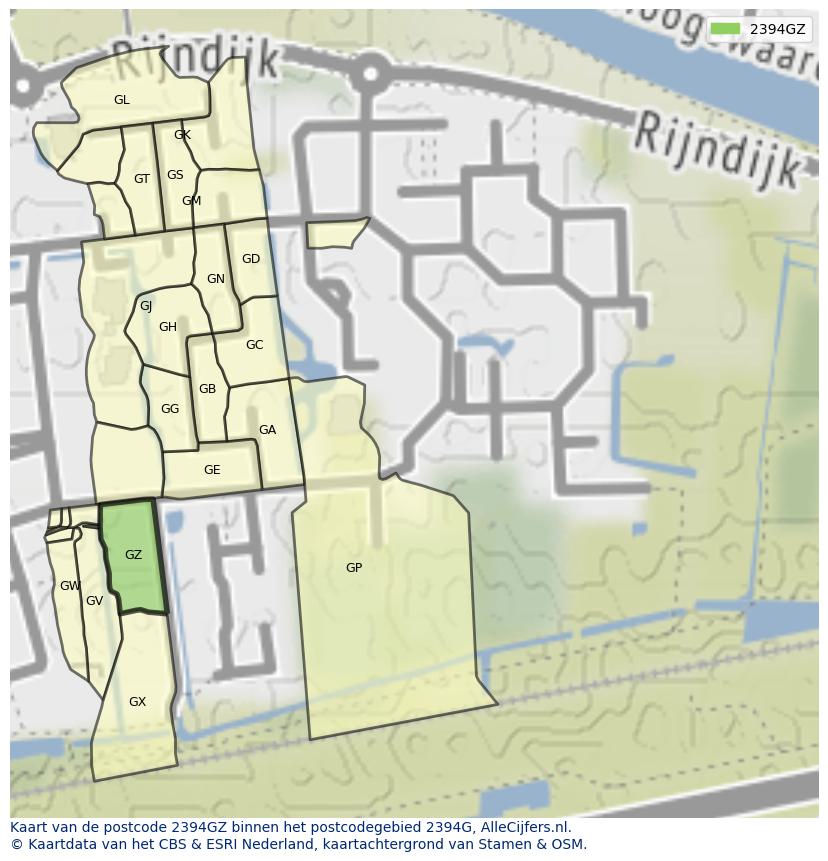Afbeelding van het postcodegebied 2394 GZ op de kaart.