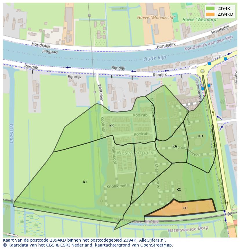 Afbeelding van het postcodegebied 2394 KD op de kaart.