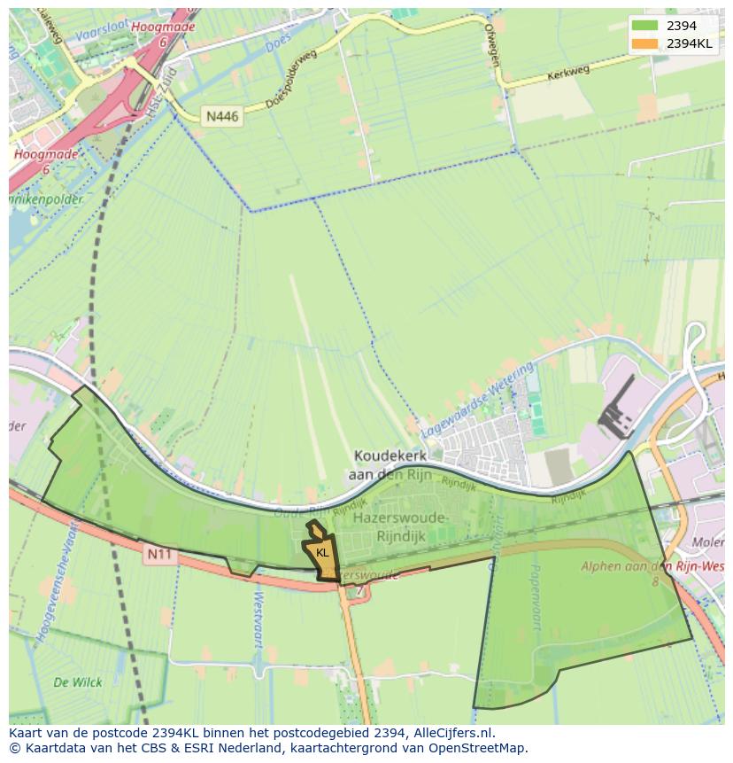 Afbeelding van het postcodegebied 2394 KL op de kaart.