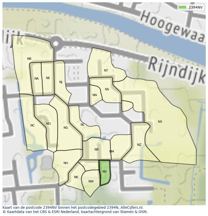 Afbeelding van het postcodegebied 2394 NV op de kaart.