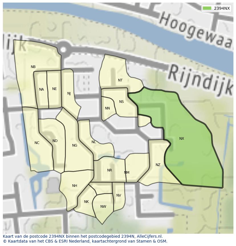 Afbeelding van het postcodegebied 2394 NX op de kaart.