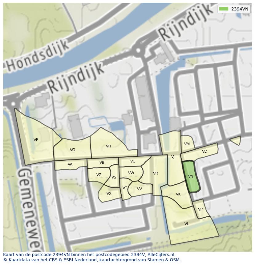 Afbeelding van het postcodegebied 2394 VN op de kaart.