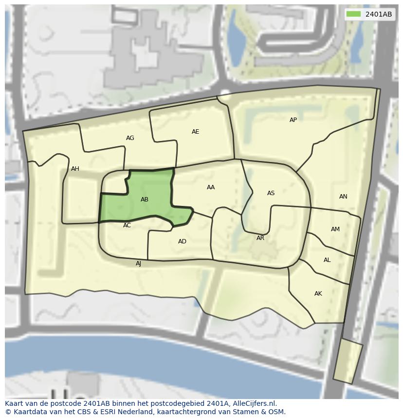 Afbeelding van het postcodegebied 2401 AB op de kaart.