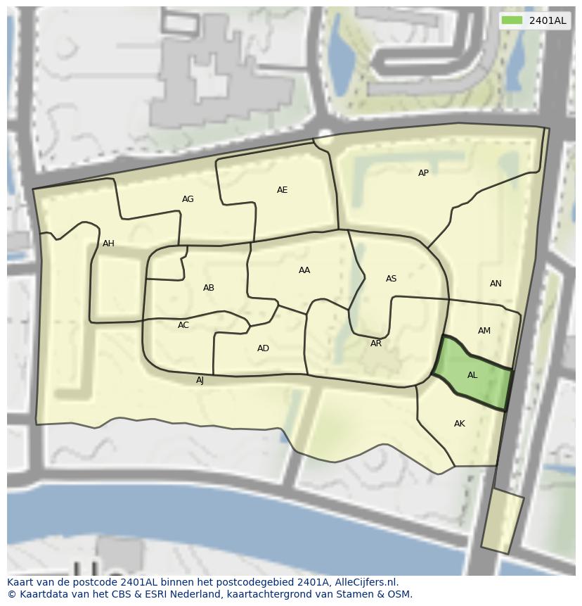 Afbeelding van het postcodegebied 2401 AL op de kaart.