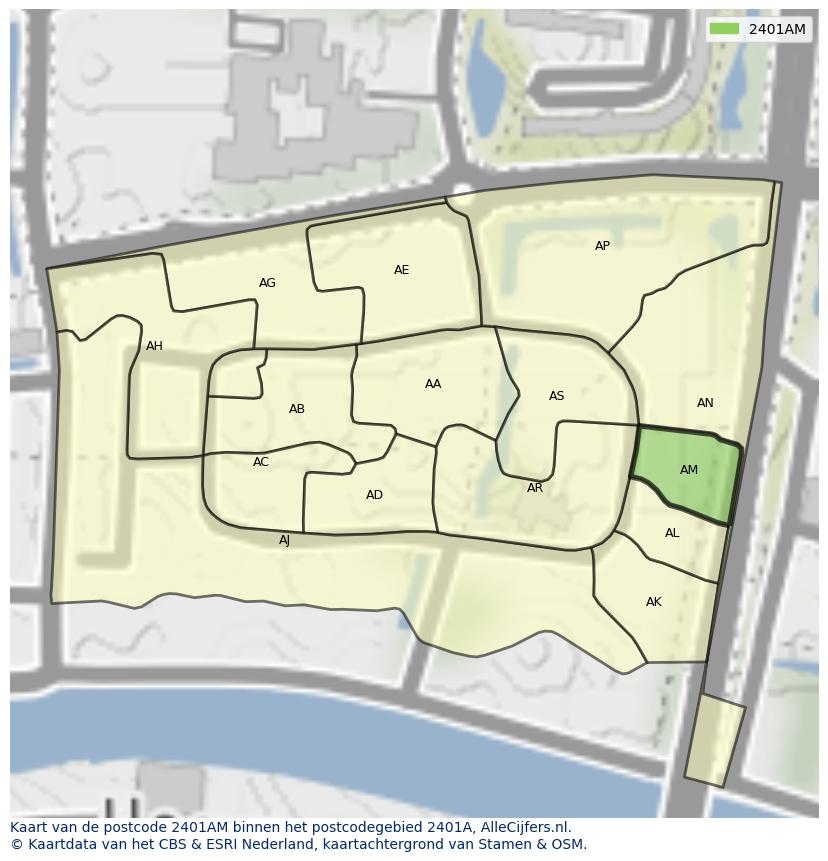 Afbeelding van het postcodegebied 2401 AM op de kaart.