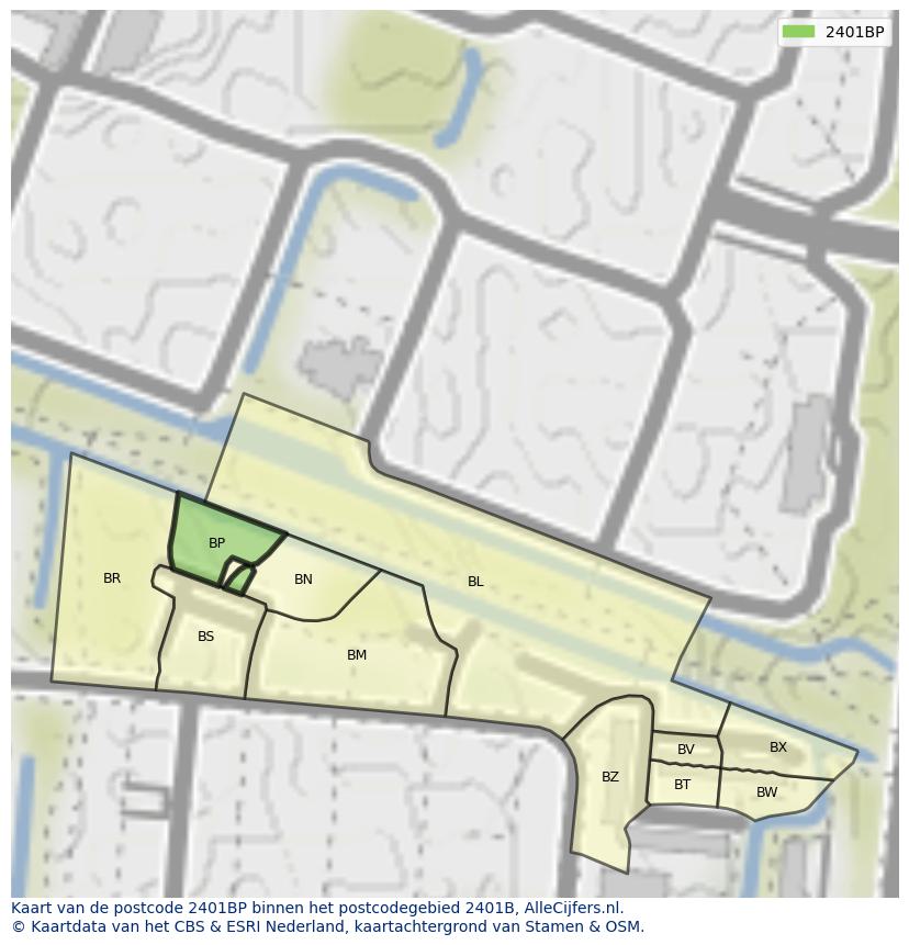 Afbeelding van het postcodegebied 2401 BP op de kaart.