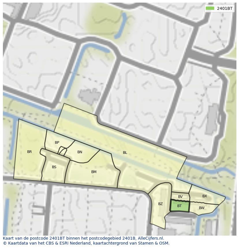 Afbeelding van het postcodegebied 2401 BT op de kaart.